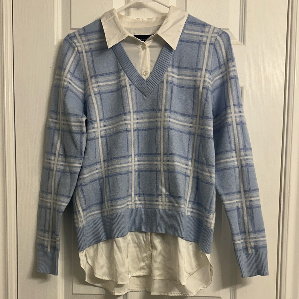 Adrienne Vittadini Blue Plaid V-Neck Collared Sweater, Woman’s M